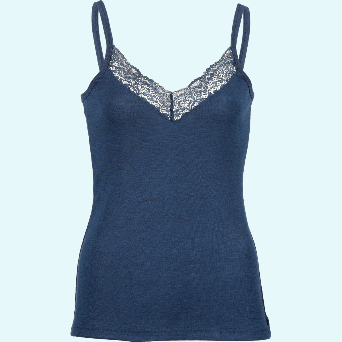 Damen Top mit Spitze Wolle Seide marine GOTS